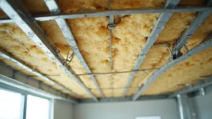 Układanie wełny na suficie podwieszanym