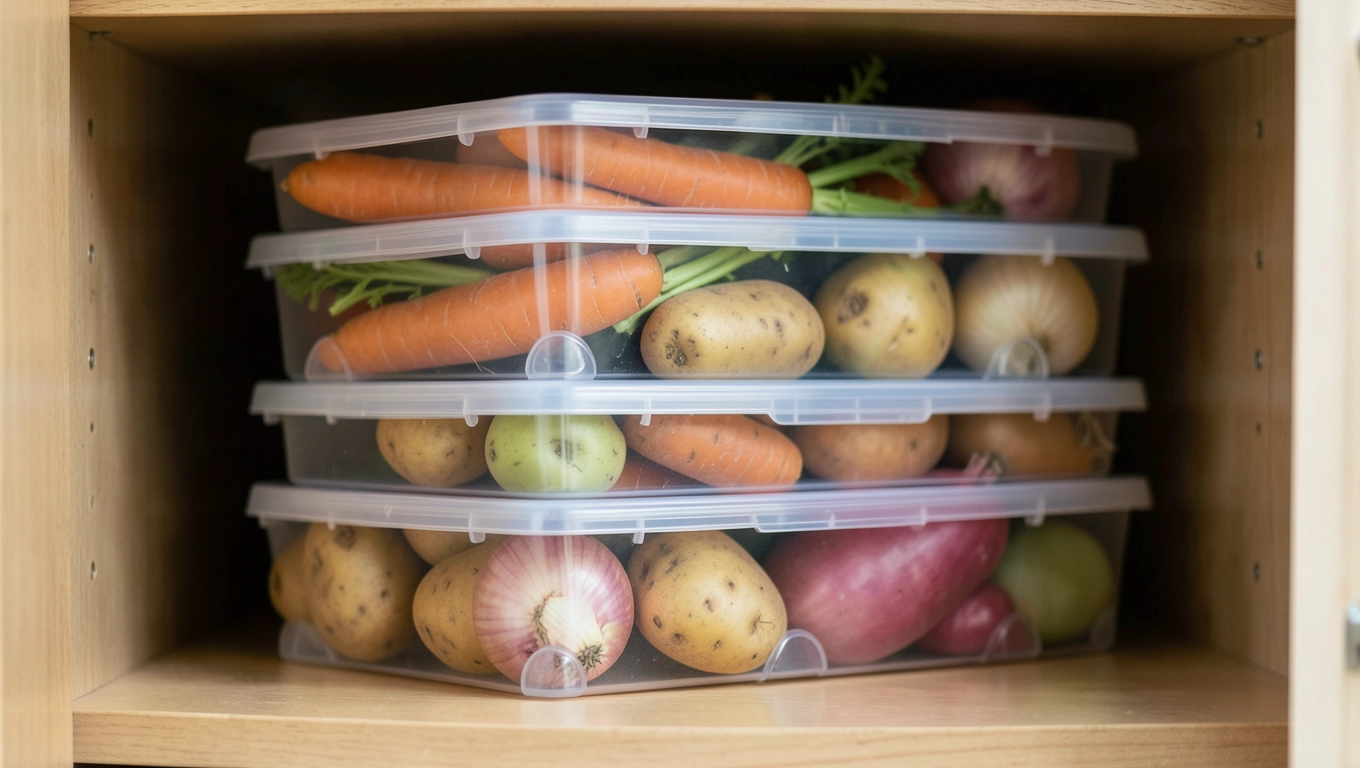 Stackowalne pojemniki na warzywa do spiżarni