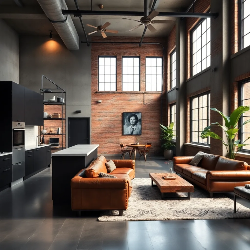 Styl loftowy salon z kuchnią