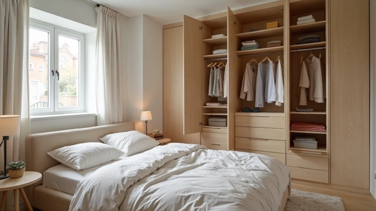 Sypialnia z garderobą za łóżkiem