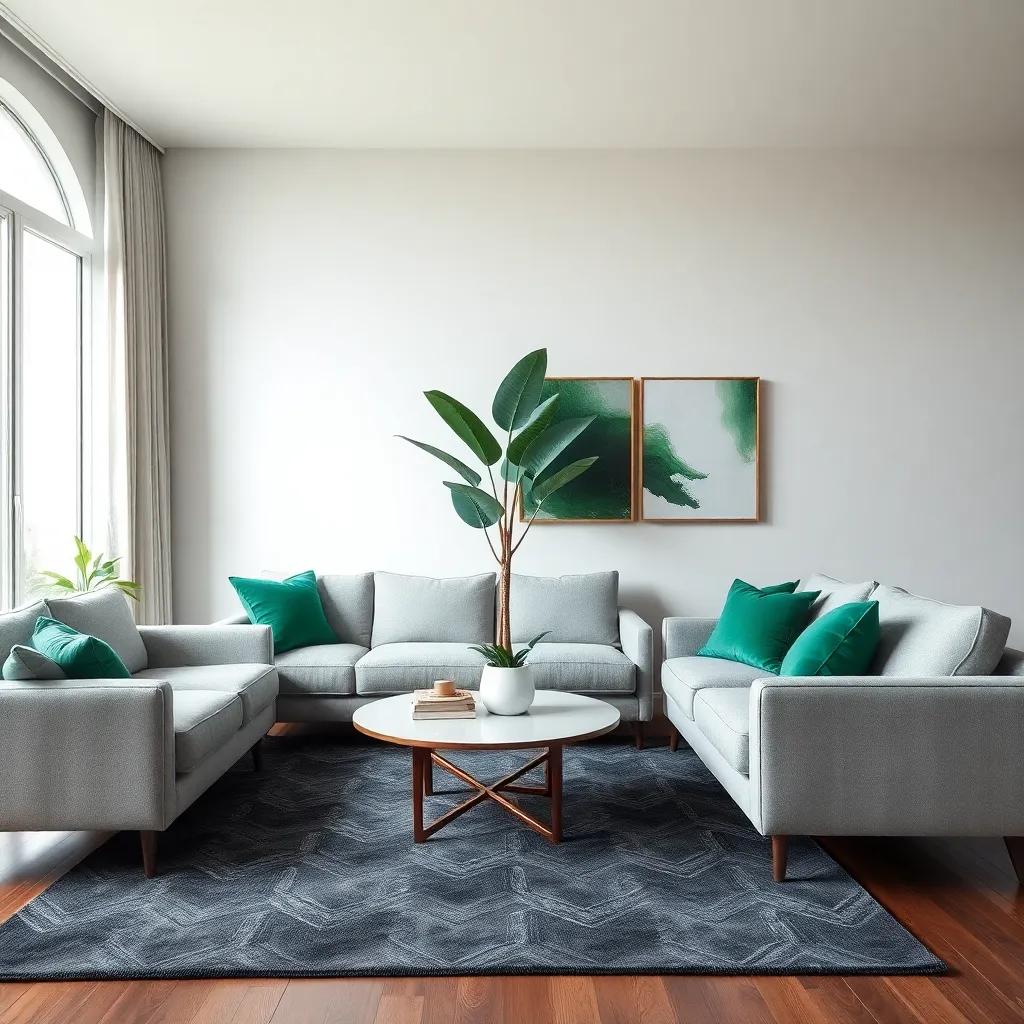 Szary salon z zielonymi dodatkami