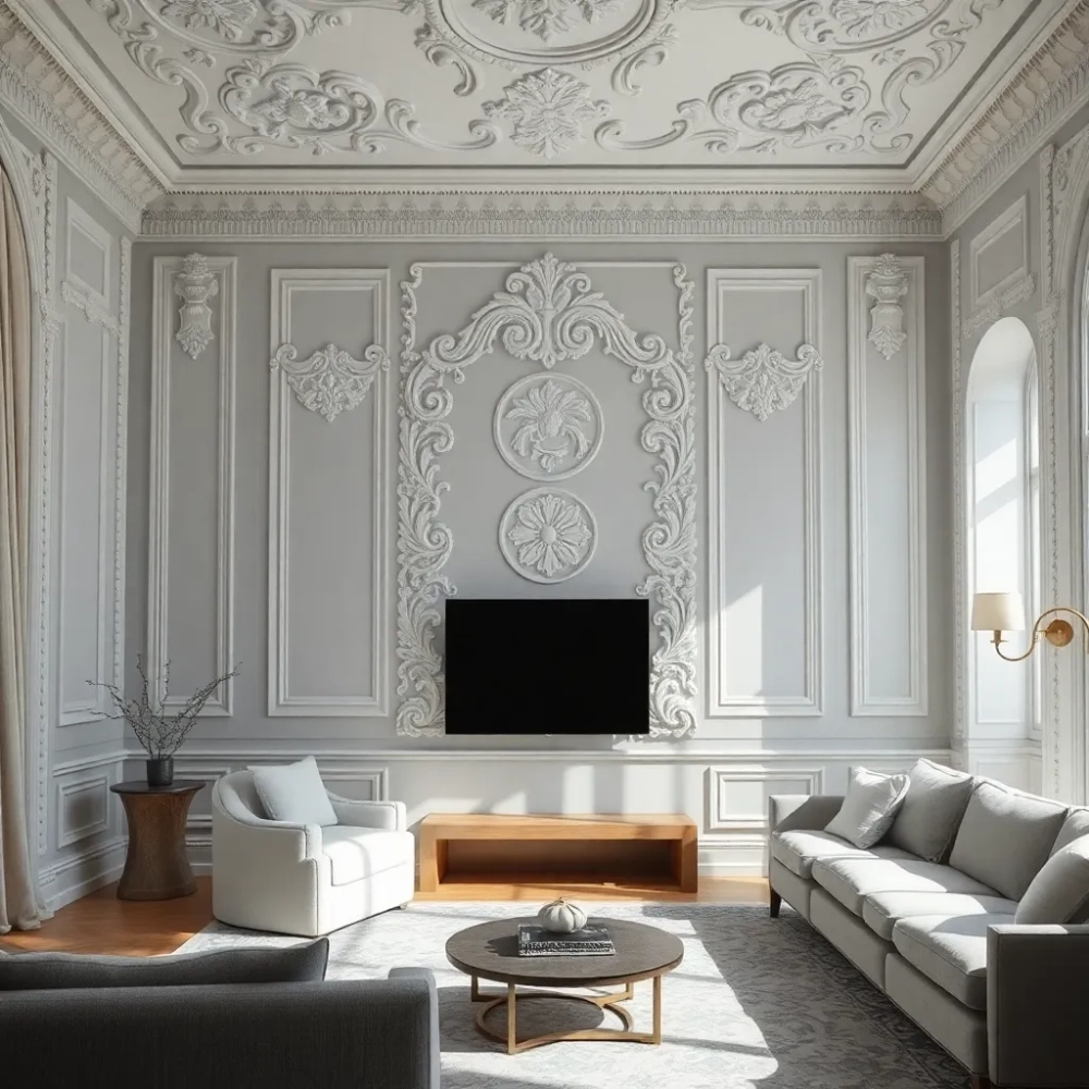 Sztukateria na ścianie w salonie