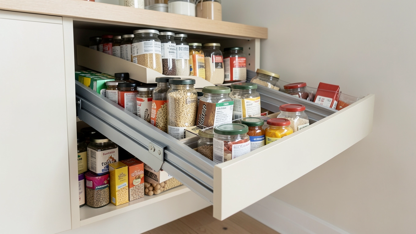 Szuflady w spiżarni zabudowanej meblami