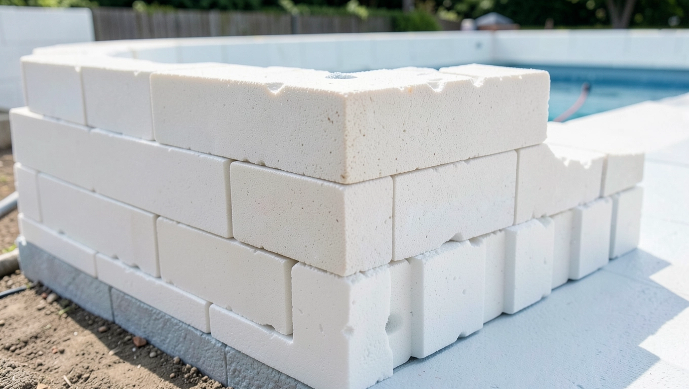 Układanie bloczków styropianowych w basenie